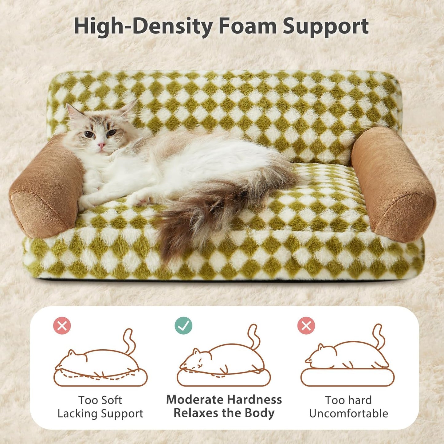 Checkered Pet Sofa Bed with Non-Slip Base & Washable Cover – 3 Sizes for Cats & Dogs