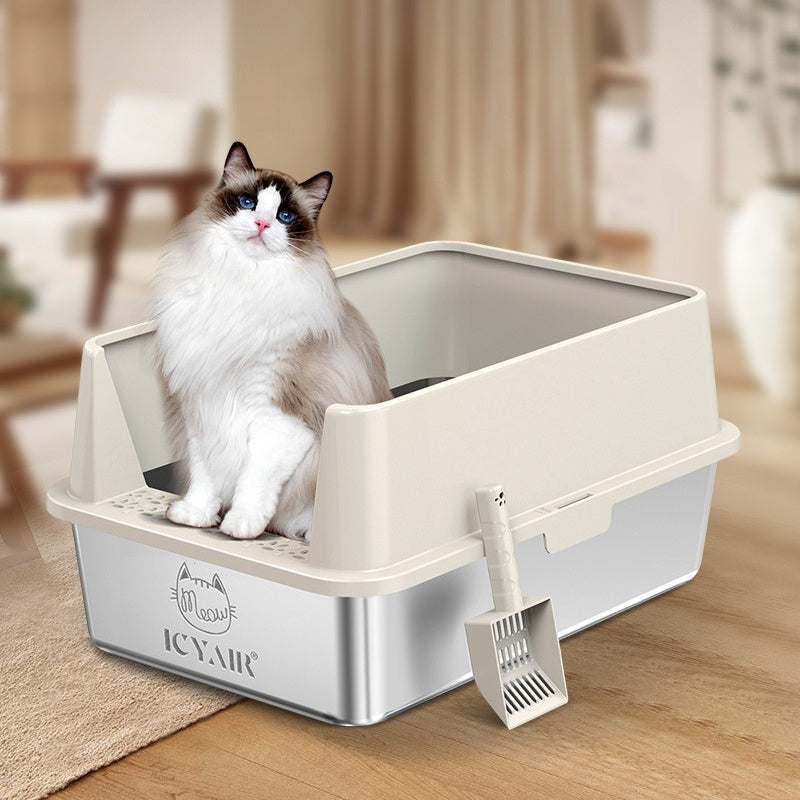 Oversized Stainless Steel Cat Litter Box with Splash Guard & Scoop – Available in 5 Colors