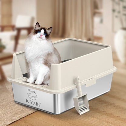 Oversized Stainless Steel Cat Litter Box with Splash Guard & Scoop – Available in 5 Colors