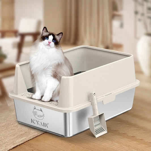 Oversized Stainless Steel Cat Litter Box with Splash Guard & Scoop – Available in 5 Colors