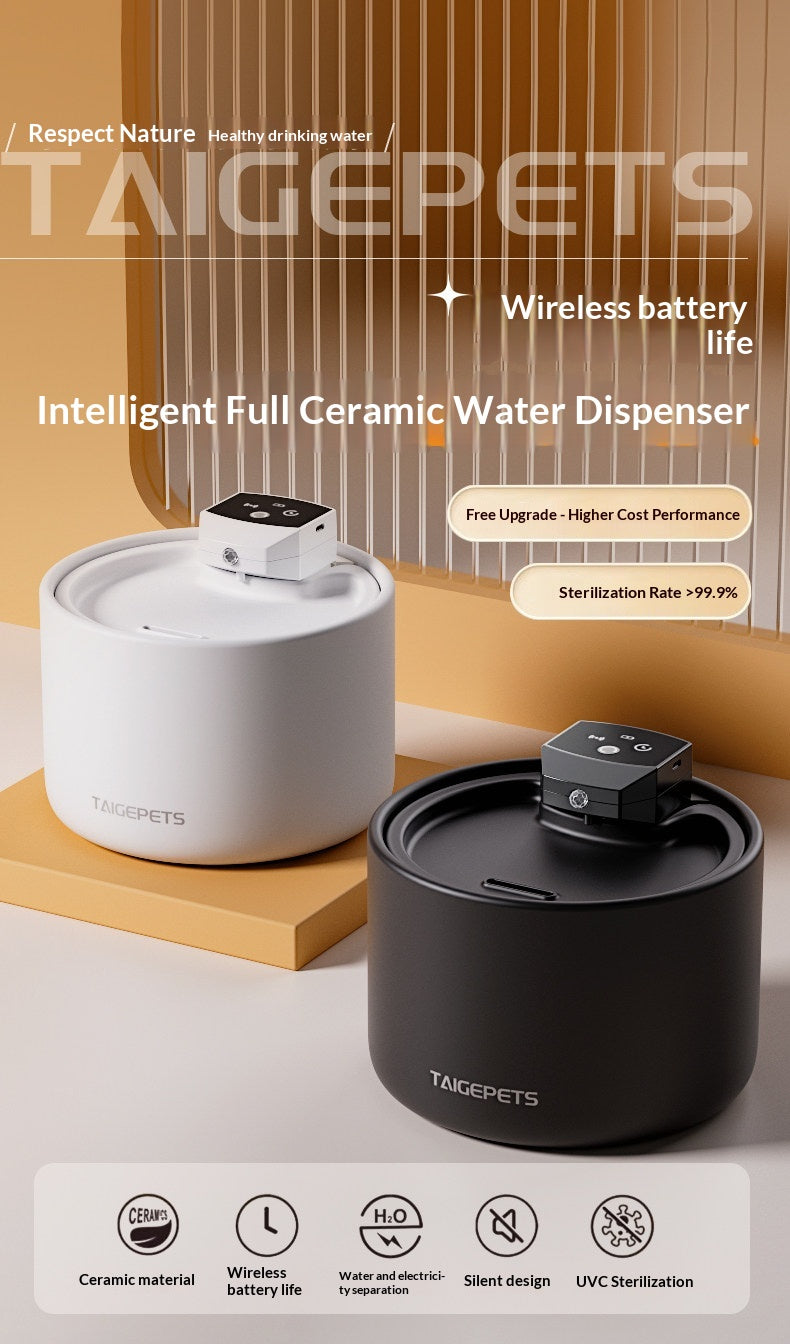 Ceramic Smart Wireless Cat Water Fountain – Rechargeable Automatic Water Dispenser with UVC Sterilization & Heating Options