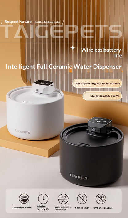Ceramic Smart Wireless Cat Water Fountain – Rechargeable Automatic Water Dispenser with UVC Sterilization & Heating Options