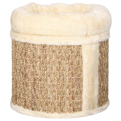 33cm Seagrass Cat House with Plush Bed, Cat Cave & Scratching Surface – Beige