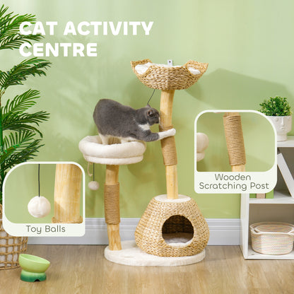 41" Indoor Cat Tree with Wooden Posts, Cat Condo & Toy Balls – Cream White