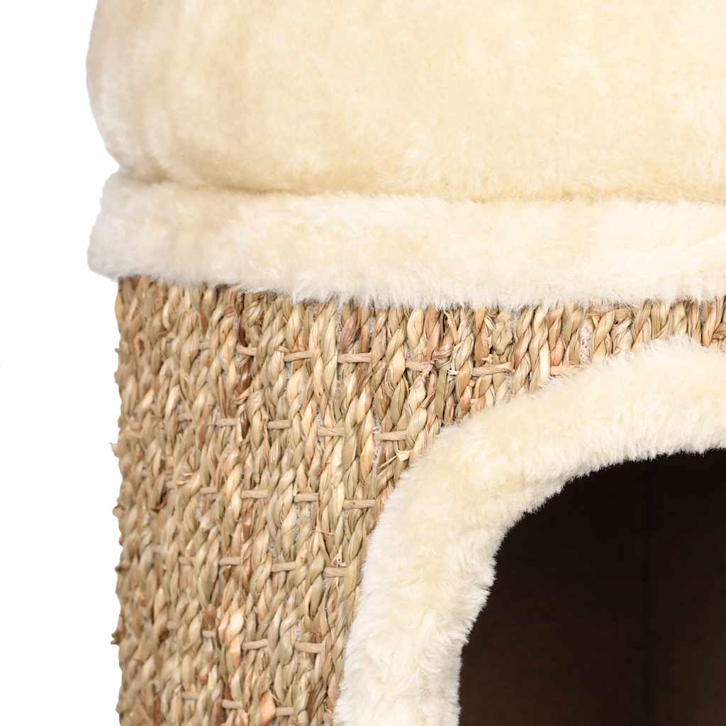 33cm Seagrass Cat House with Plush Bed, Cat Cave & Scratching Surface – Beige
