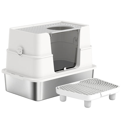 XL 3-in-1 Enclosed Stainless Steel Cat Litter Box with Flip Top, Dual Entry & Deodorizer