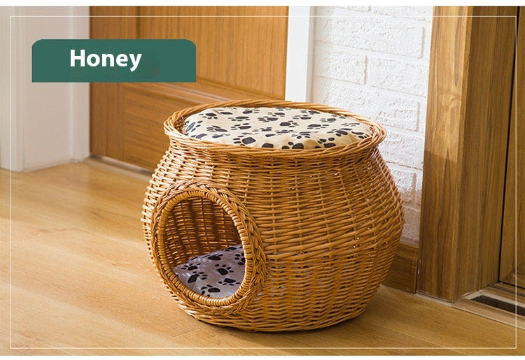 Handmade Wicker Rattan Cat House with Cushion – 2 Sizes & 4 Natural Colors