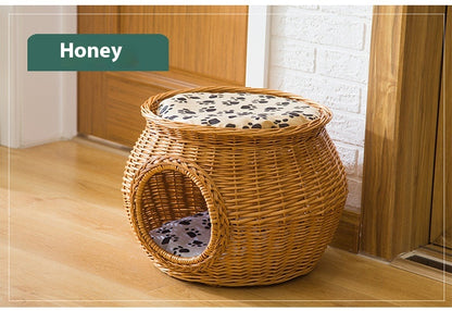 Handmade Wicker Rattan Cat House with Cushion – 2 Sizes & 4 Natural Colors
