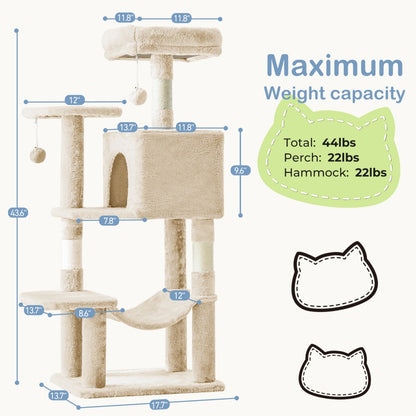 44" Cat Tree Tower with Sisal Scratching Posts & Hammock