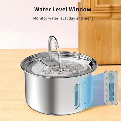 Vividorama 3.2L Stainless Steel Cat Water Fountain – Ultra-Quiet Automatic Faucet Dispenser with Water Level Window