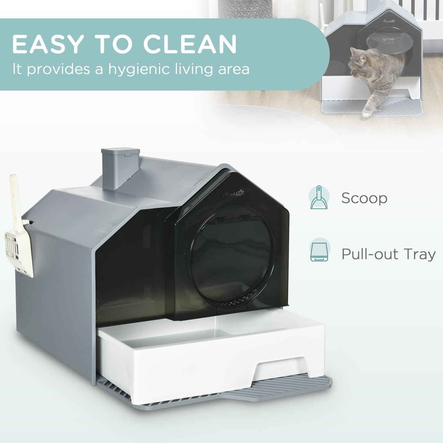 Hooded Cat Litter Box with Litter Mat, Scoop & Odor Control – Gray