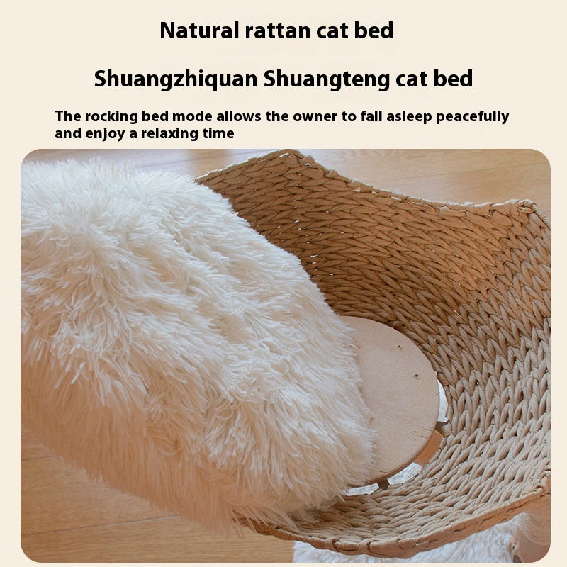 43" Solid Wood & Rattan Cat Tree with Double Cloud Nest – Natural Fruit Wood