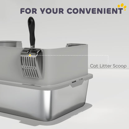 Stainless Steel Cat Litter Box with High Sides, Snap-Lock Lid & Scoop – Gray