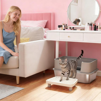 Stainless Steel Cat Litter Box with High Sides, Snap-Lock Lid & Scoop – Gray