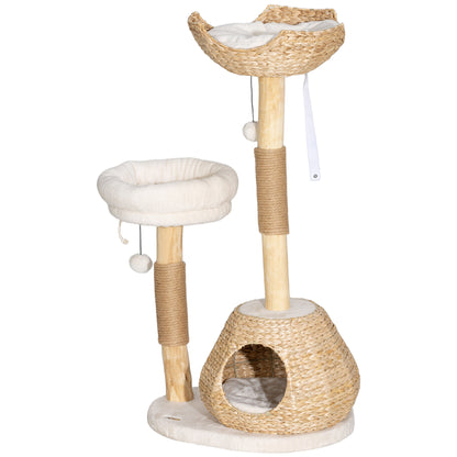 41" Indoor Cat Tree with Wooden Posts, Cat Condo & Toy Balls – Cream White