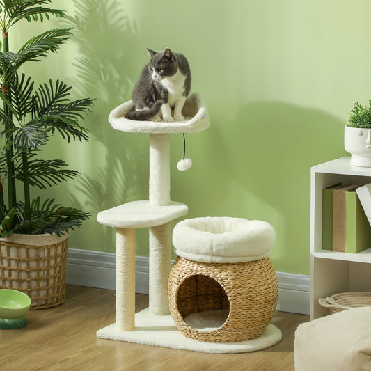 31" Indoor Cat Tree with Condo, Scratching Posts & Toy Ball – Cream White