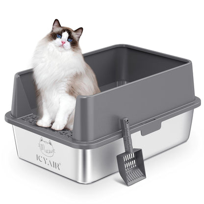 Oversized Stainless Steel Cat Litter Box with Splash Guard & Scoop – Available in 5 Colors