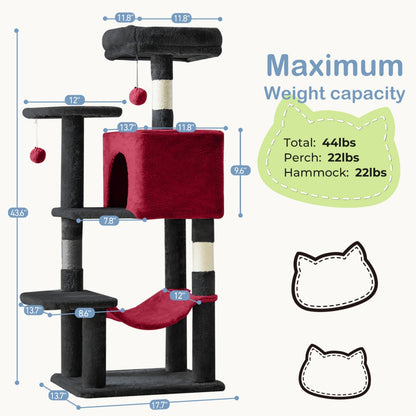 44" Cat Tree Tower with Sisal Scratching Posts & Hammock