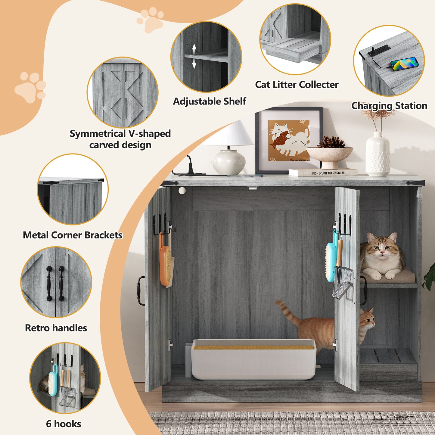 41" Cat Litter Box Cabinet with Power Outlet, Litter Catcher & Storage Shelves – Gray