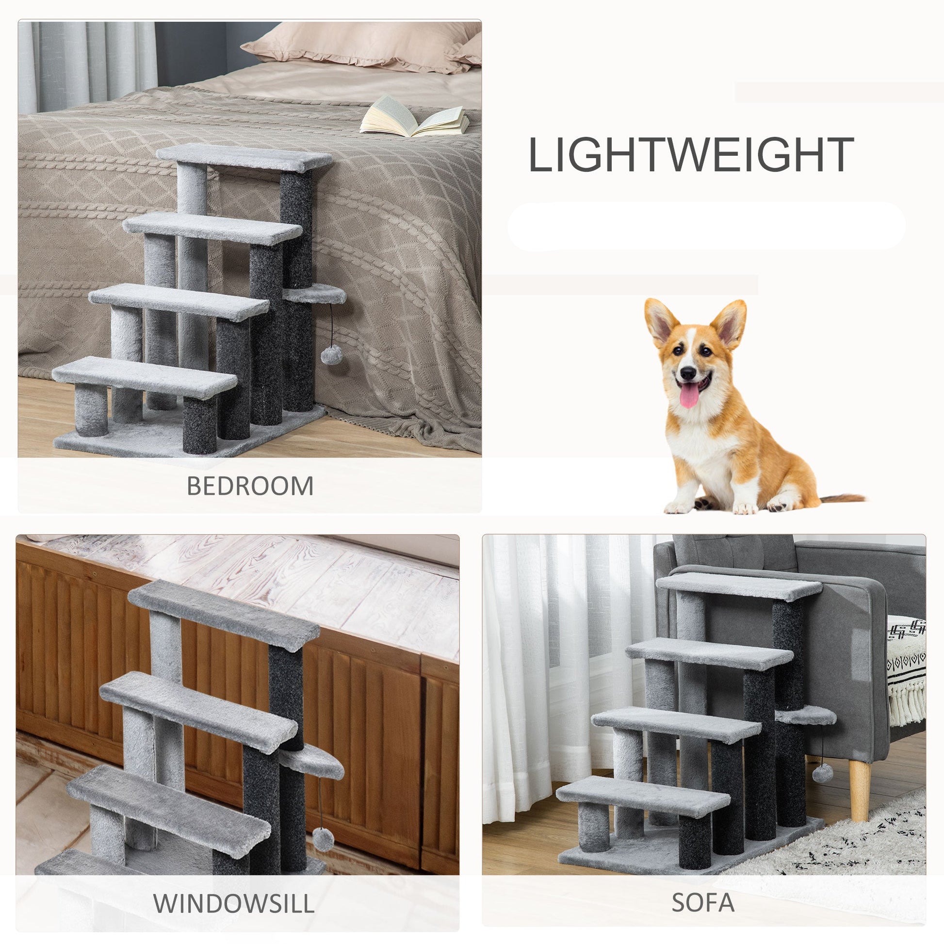 Pet staircase with text highlighting lightweight and portable features, shown in bedroom, windowsill, and sofa settings.