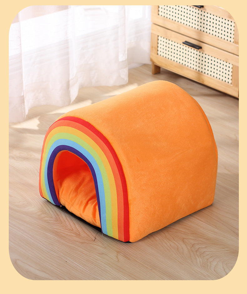Cozy Enclosed Cat House with Rainbow Design – Four Seasons Universal | One Size