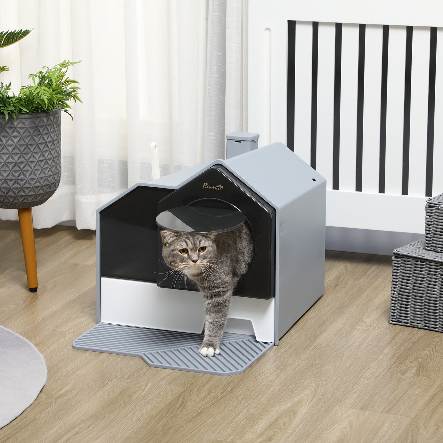Hooded Cat Litter Box with Litter Mat, Scoop & Odor Control – Gray