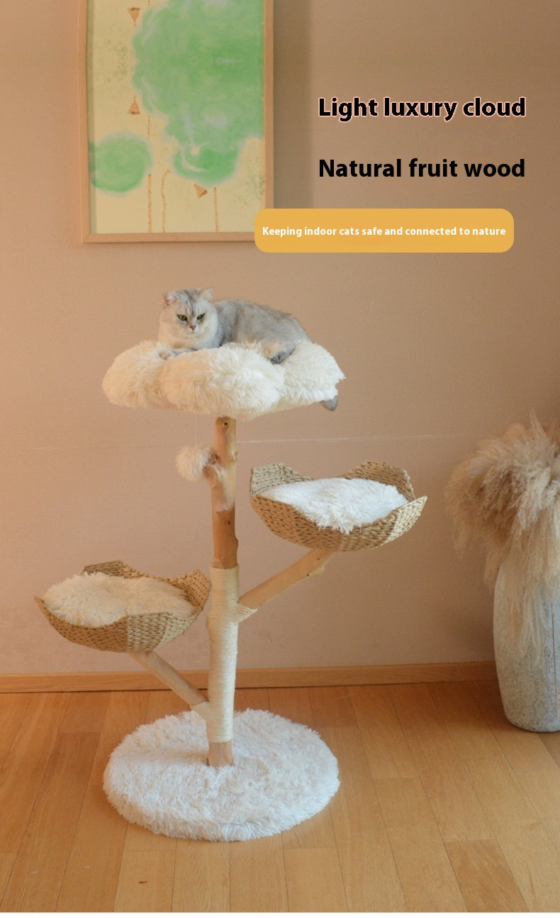 43" Solid Wood & Rattan Cat Tree with Double Cloud Nest – Natural Fruit Wood
