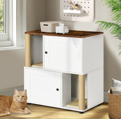 31" Double Cat Litter Box Enclosure with Scratching Posts & Shelves – White Vintage
