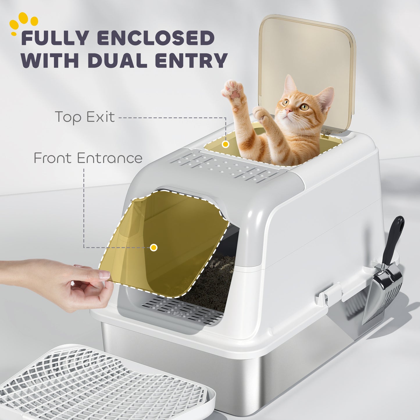 Extra Large Enclosed Stainless Steel Cat Litter Box with Top Exit, Scoop & Deodorizer - White