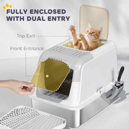 Extra Large Enclosed Stainless Steel Cat Litter Box with Top Exit, Scoop & Deodorizer - White