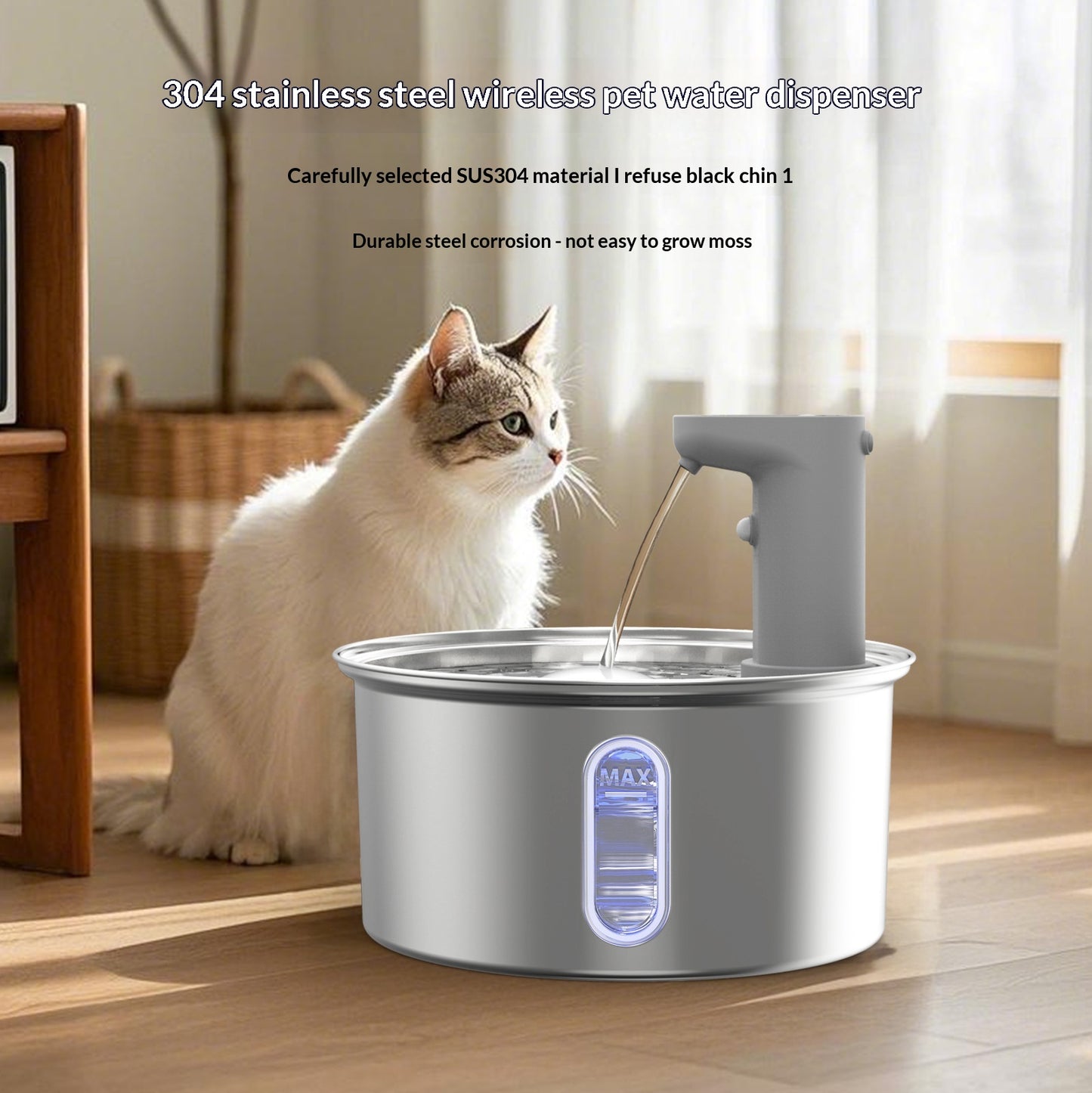 Stainless Steel Smart Cat Water Fountain – 4000mAh Rechargeable Wireless Automatic Drinker for Cats & Dogs