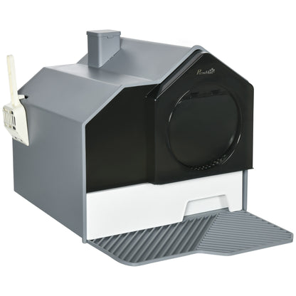 Hooded Cat Litter Box with Litter Mat, Scoop & Odor Control – Gray