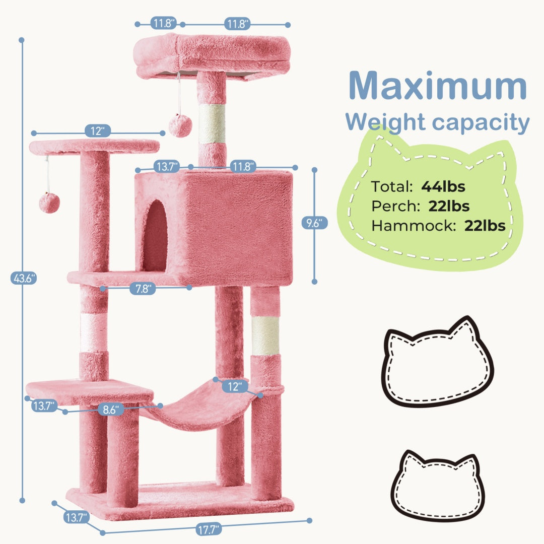 44" Cat Tree Tower with Sisal Scratching Posts & Hammock