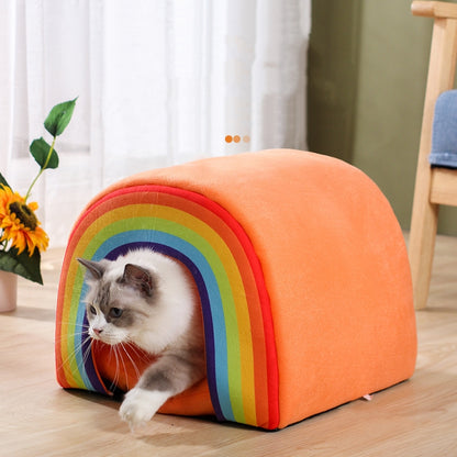 Cozy Enclosed Cat House with Rainbow Design – Four Seasons Universal | One Size