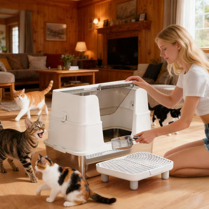 XL 3-in-1 Enclosed Stainless Steel Cat Litter Box with Flip Top, Dual Entry & Deodorizer
