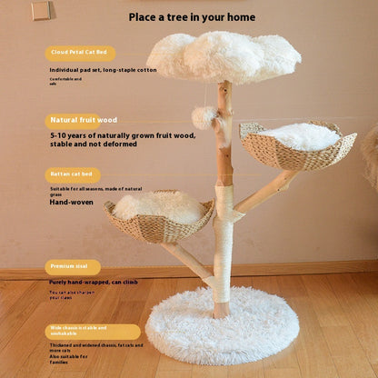 43" Solid Wood & Rattan Cat Tree with Double Cloud Nest – Natural Fruit Wood