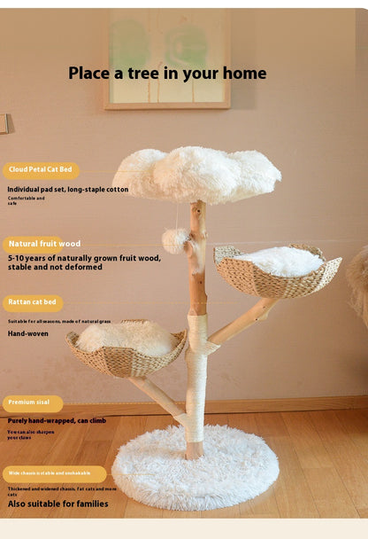 43" Solid Wood & Rattan Cat Tree with Double Cloud Nest – Natural Fruit Wood