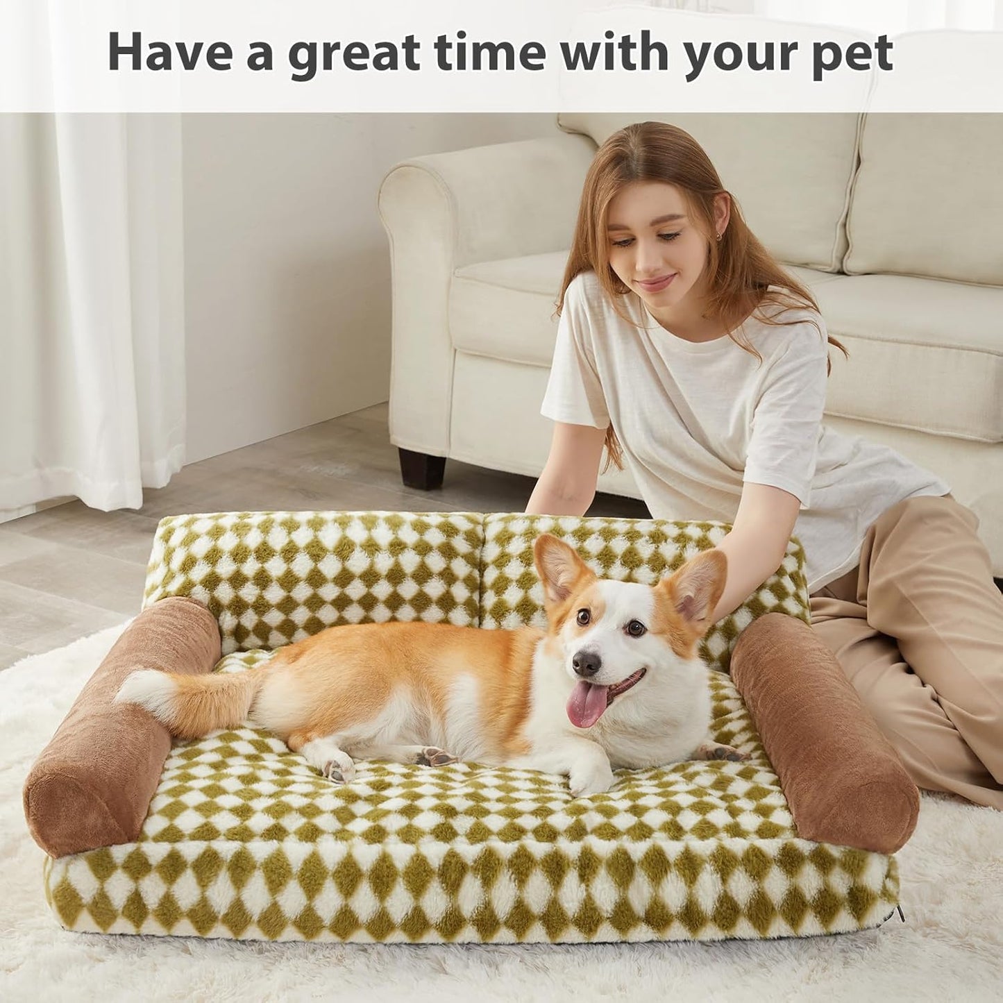 Checkered Pet Sofa Bed with Non-Slip Base & Washable Cover – 3 Sizes for Cats & Dogs