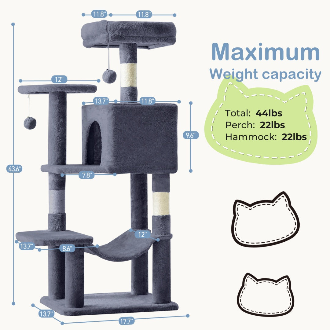 44" Cat Tree Tower with Sisal Scratching Posts & Hammock
