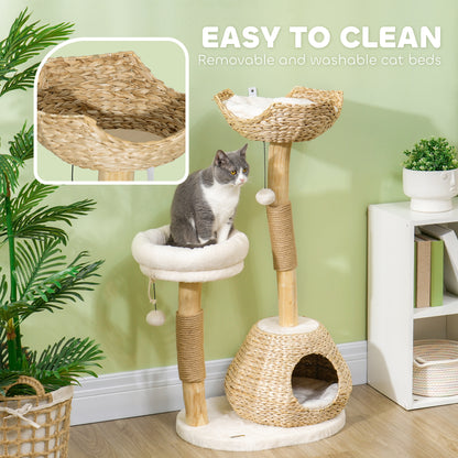 41" Indoor Cat Tree with Wooden Posts, Cat Condo & Toy Balls – Cream White