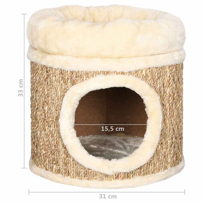 33cm Seagrass Cat House with Plush Bed, Cat Cave & Scratching Surface – Beige