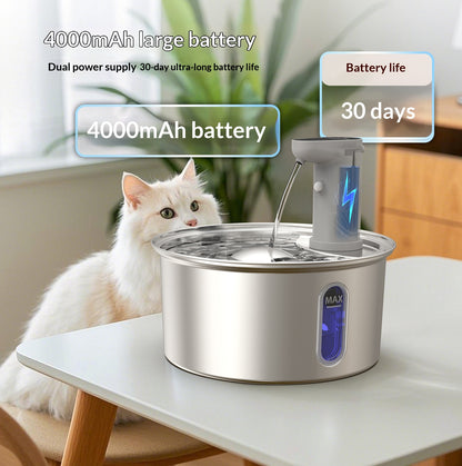 Stainless Steel Smart Cat Water Fountain – 4000mAh Rechargeable Wireless Automatic Drinker for Cats & Dogs