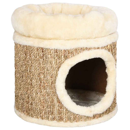 33cm Seagrass Cat House with Plush Bed, Cat Cave & Scratching Surface – Beige