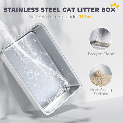 Extra Large Enclosed Stainless Steel Cat Litter Box with Top Exit, Scoop & Deodorizer - White