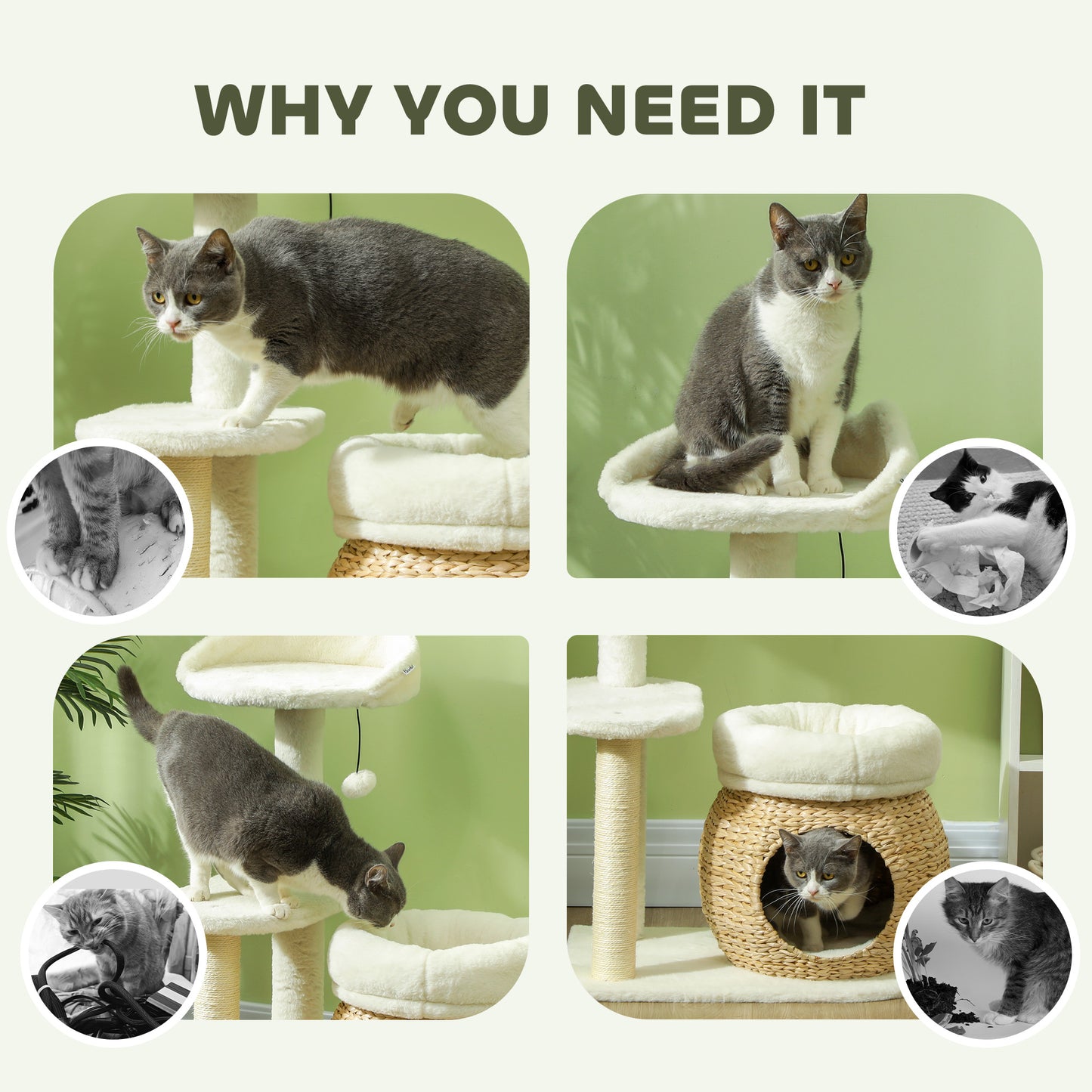 31" Indoor Cat Tree with Condo, Scratching Posts & Toy Ball – Cream White
