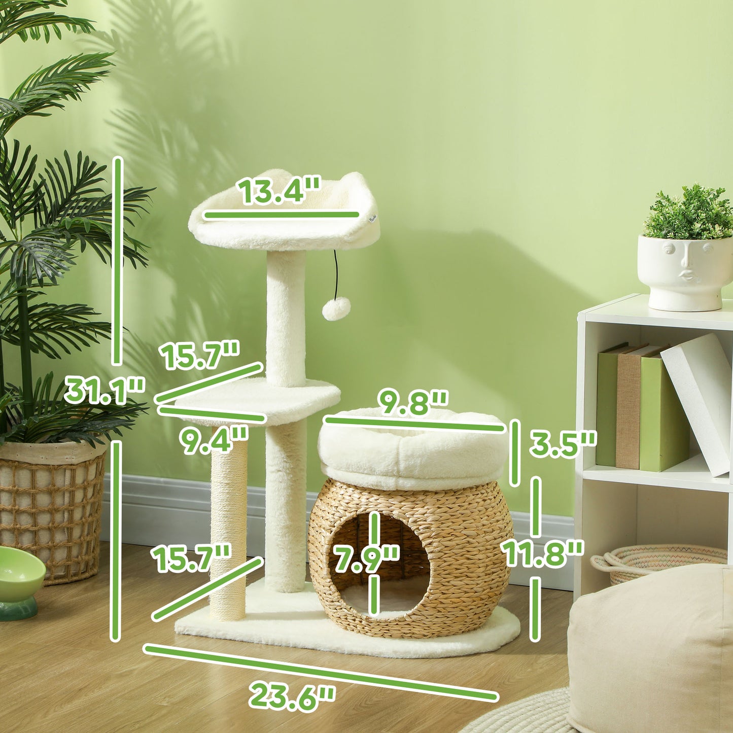 31" Indoor Cat Tree with Condo, Scratching Posts & Toy Ball – Cream White