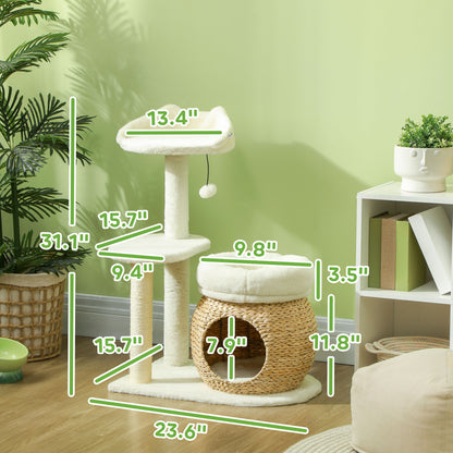 31" Indoor Cat Tree with Condo, Scratching Posts & Toy Ball – Cream White