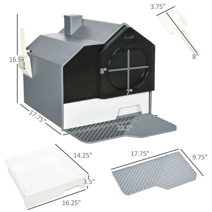 Hooded Cat Litter Box with Litter Mat, Scoop & Odor Control – Gray