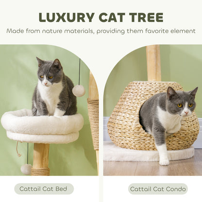 41" Indoor Cat Tree with Wooden Posts, Cat Condo & Toy Balls – Cream White
