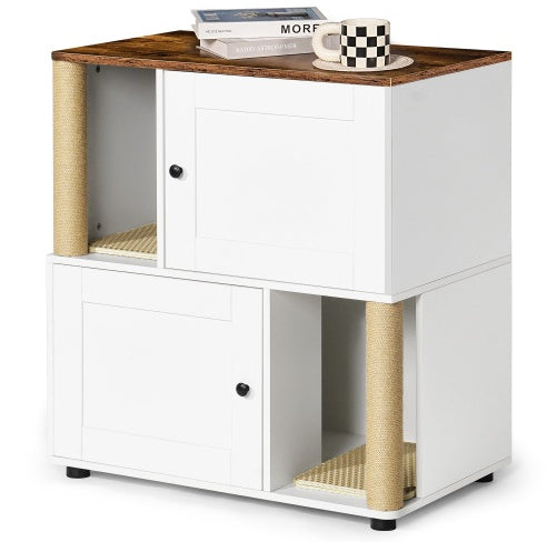 31" Double Cat Litter Box Enclosure with Scratching Posts & Shelves – White Vintage